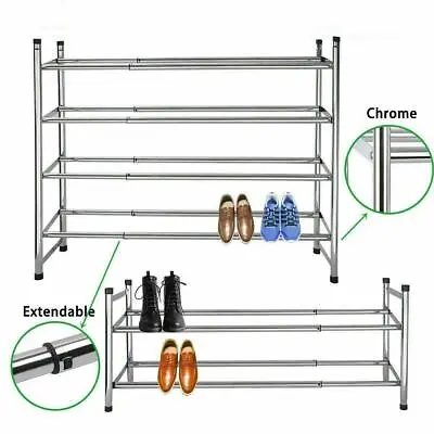 2/4 Tier Extendable Chrome Free Standing Shoe Boot Rack Storage Shelf Stand • £14.95