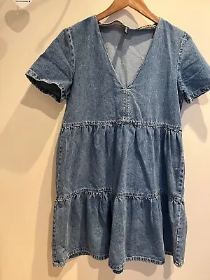 H&M Dress Size S 10 Blue Denim Tiered Smock Short Sleeve Casual Hippie Boho • £9