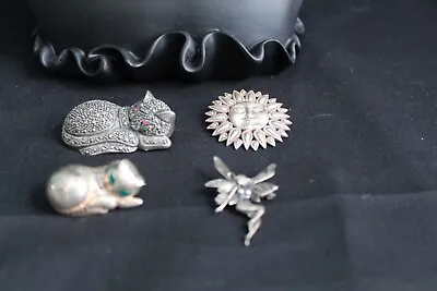 $10 • Buy Vintage 4 Sterling Silver .925, Pins Broches Marcasite Cats Fairy 54 Grams  #135