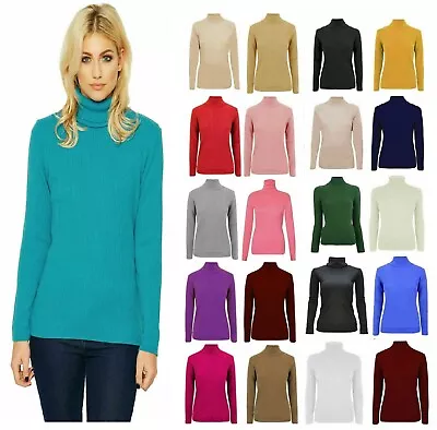 Ladies High Roll Polo Neck Womens Knitted Ribbed Jumper Sweater Top  • £7.70