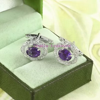 Natural Amethyst & CZ Gemstones With 925 Sterling Silver Cufflinks For Men's #J5 • $105