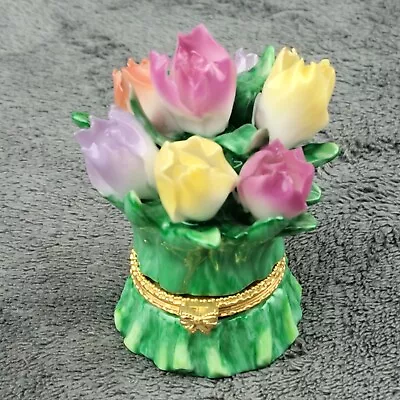 VINTAGE Flower Bouquet Porcelain Hinged Trinket Box PHB Purple Yellow Red Orange • $15