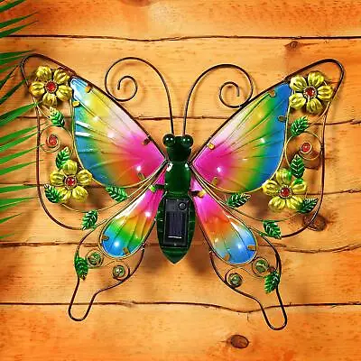 Solar Powered Metal Butterfly LED Light Garden Wall Art Patio Weatherproof Décor • £19.95