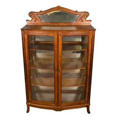 Antique Oak Curved Glass Door Mirror Back China Closet #21922 • $1450