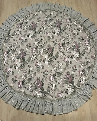 Vintage Floral Cotton Tablecloth Stripe Ruffle Edge Round 70” Cottage Core • $32.99