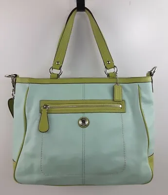 Coach Laura Leather Large Tote Shoulder Handbag F14887 Purse Blue/Green • $129.99