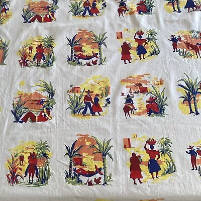 VTG 50's Cotton Tablecloth Mexican Village Life 68 X50  Mexicana/Cacti/Donkeys • $55