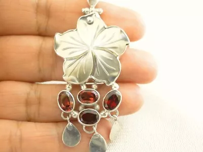 Mother Of Pearl Mop Flower Red Garnet Cluster 925 Sterling Silver Pendant • $59