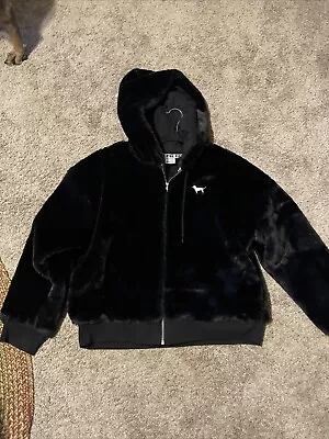 NEW Victoria's Secret PINK Faux Fur Hooded Jacket Pure Black Dog Logo • $100