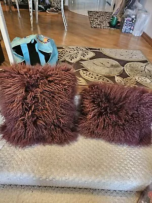 Pair Of West Elm Mongolian Lamb Fur Wool Throw Pillows Purple Plum Brownish • $60