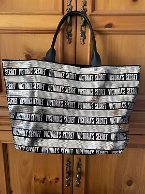 Victorias Secret Black & Silver Sequin Bling Tote Weekender Bag Limited Edition • $9.99
