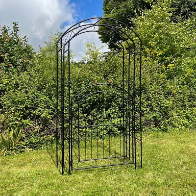 2.14m Metal Garden Arch With Gate & Fixing Pegs Climbing Plant Support Trellis • £89.99