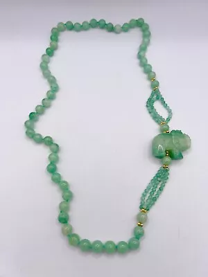 Vintage Jadeite Jade Tested Carved Elephant Long Necklace Beaded 14KGP • $150