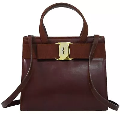 Salvatore Ferragamo Vara Bow Leather 2way Shoulder Handbag Brown Gold • $323.04