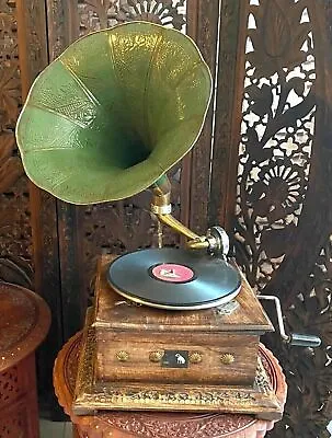 Gramophone With Brass Horn 78 Rpm Player Playing Phonograph Audio Vinyl Recorder • £270.18