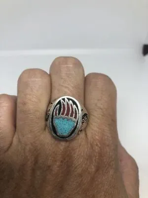 Vintage Southwestern Bear Paw Turquoise Mens Ring Silver Bronze Size 10.75 • $44