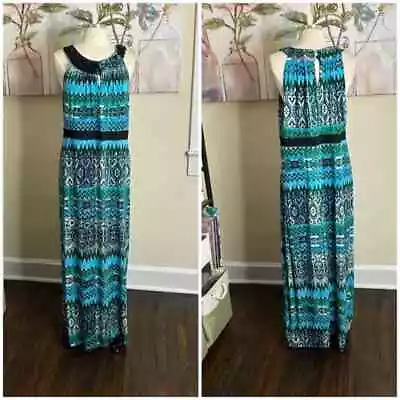 NEW DIRECTION Maxi Dress Size 2X Plus Blue Black Beaded Sleeveless • $19.99