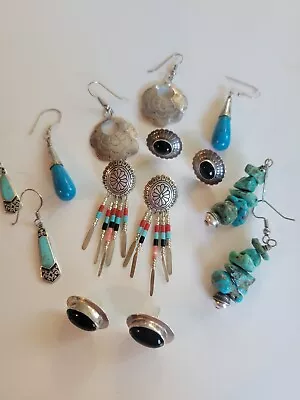 Vintage Native Southwest Sterling Silver Turquoise Earrings Lot Of 7 35 Grams • $9.99