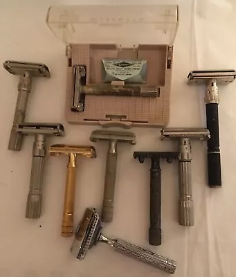 Lot Of 9 Vintage Safety Razors ~ 6 Gillette 1 Ever-Ready 2 Unbranded • $46