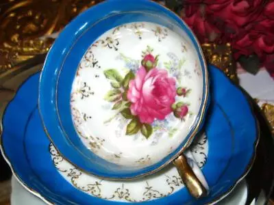 Vintage Lustre 3 Footed Tea Cup & Saucer Cabbage Pink Rose Japan Blue Teacup • $29.88