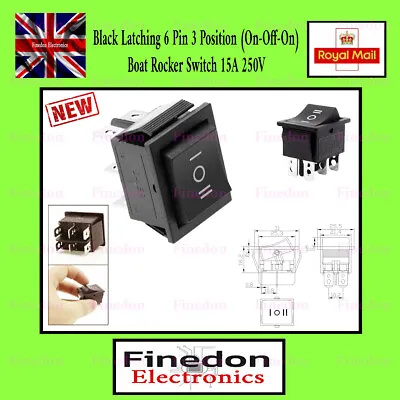 Black Latching 6 Pin 3 Position (On-Off-On) Boat Rocker Switch 250VAC 15A • £3.35