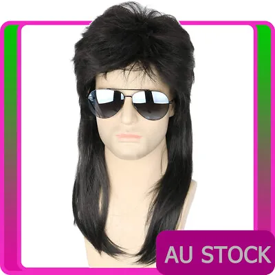 Mens Black 80s Mullet Wig Long 1980s Disco Bogan Punk Rock N Roll Party Costume • $12.39