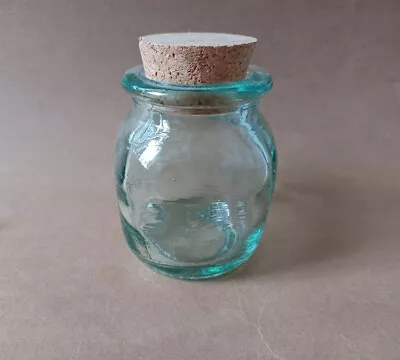 Vintage Small Green Glass Jar With Cork Top Recycled Glass Vtg Canister • $12.99