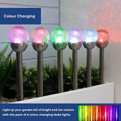 Crackle Ball Stake Solar LED Light 8cm Pack Of 6 Glass Multicoloured Eco Garden • £19.99