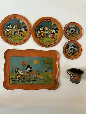 Antique Early  Disney Mickey Mouse Minnie Mouse Tin Tea Set Incomplete Vintage • $50