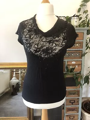 £9.99 • Buy Vintage Christian Lacroix Bazar Black Short Sleeve Jumper Sequins, Beads, Lace