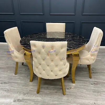 FurnitureDW 130cm Round Black & Gold Marble Dining Table And 4 Chairs Cream Set • £999