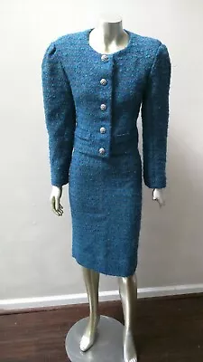 VINTAGE MAD MEN MOD 2 PC BOUCLE WOOL CROPPED JACKET PENCIL SKIRT SUIT Sz M • $57