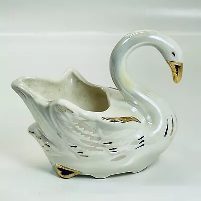 VINTAGE Ceramic Swan Planter Iridescent Gold Trim MCM Lusterware Vase • $9.99