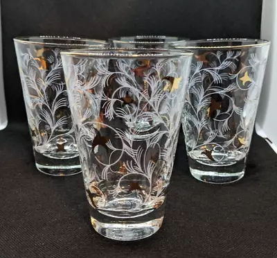 Set Of 4 Vintage 1956 Libbey Royal Fern 4 3/4” Tumbler Glass Gold White Barware • $18