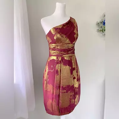 Aidan Mattox Burgundy & Gold One Shoulder Silk Mini Dress • $125