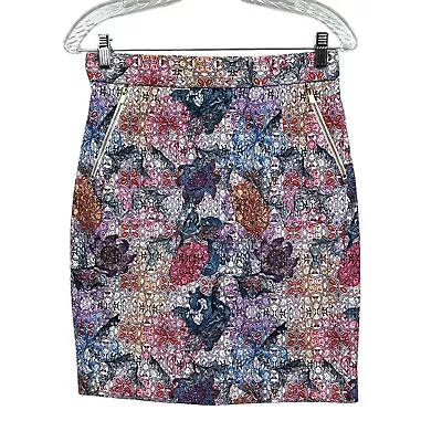 H&M Women's Floral Pencil Skirt High Waist Zipper Pockets Purple Pink Blue Sz 8 • $13.29