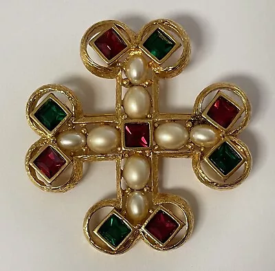 Vtg Signed Joan Rivers Heraldic Maltese Cross  Pearl Red Green Stone Brooch Pin • $64.99