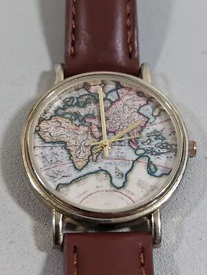 Globe Map Dial Round Gold Tone Case Brown Leather Band Watch • $13.99