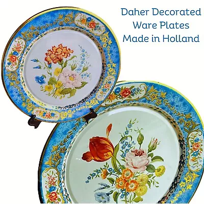 Vintage Daher Decorated Ware Tinware Plates 2 Floral Pattern Blue Rim Wall Hang • $22.99