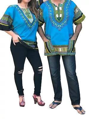Blue Top Blouse Hippie Tribal Caftan African Men Women Dashiki Shirt USA Seller • $13.98