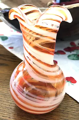 Vintage Orange & White Swirl Art Glass Ruffled Vase • $31.50