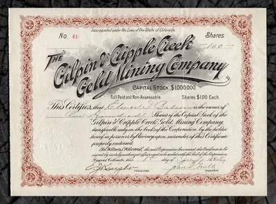 1899 Gilpin & Cripple Creek Gold Mining Stock Certificate ⛏ COLORADO Bull Hill • $95