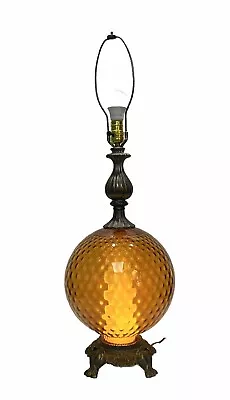 Vtg MCM Lg. 3 Way Amber Dimpled Glass Table Lamp EF & EF Industries • $125