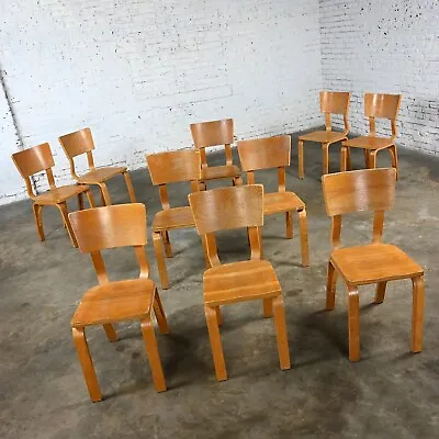 Set 10  MCM Thonet #1216 Dining Chairs Bent Oak Plywood Saddle Seat Single Bow • $3495