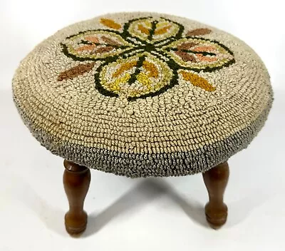 Vintage 13  Round Tufted Yarn 1960s Retro Leaf Floral Footstool Sewing Stool • $54.99