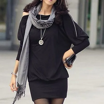 Black Women Boat Neck Long Sleeve Top T-Shirt Tee Shirt Dress PK • £8.49