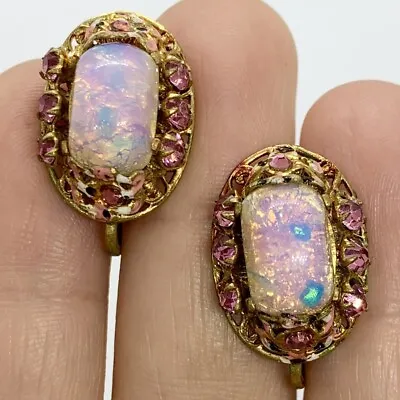 Vtg Czech Fire Opal Glass Cabochon Art Deco Earrings Pink Crystal Screwback 3/4” • $39.95