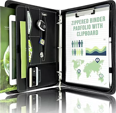 Zipper Portfolio Binder | Padfolio 3 Ring Binder And Clipboard Folio (Removable) • $37.99