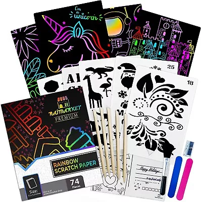 74 Pcs Raimarket Scratch Art Paper Magic Craft Kits For Kids Supplies Toys Gift • £8.99