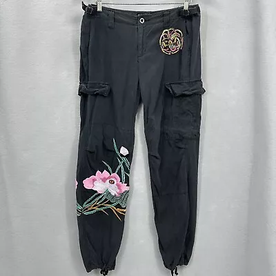 VTG Y2K Da-Nang Pants Womens Medium Surplus Cargo Embroidered Floral Black Retro • $109.95